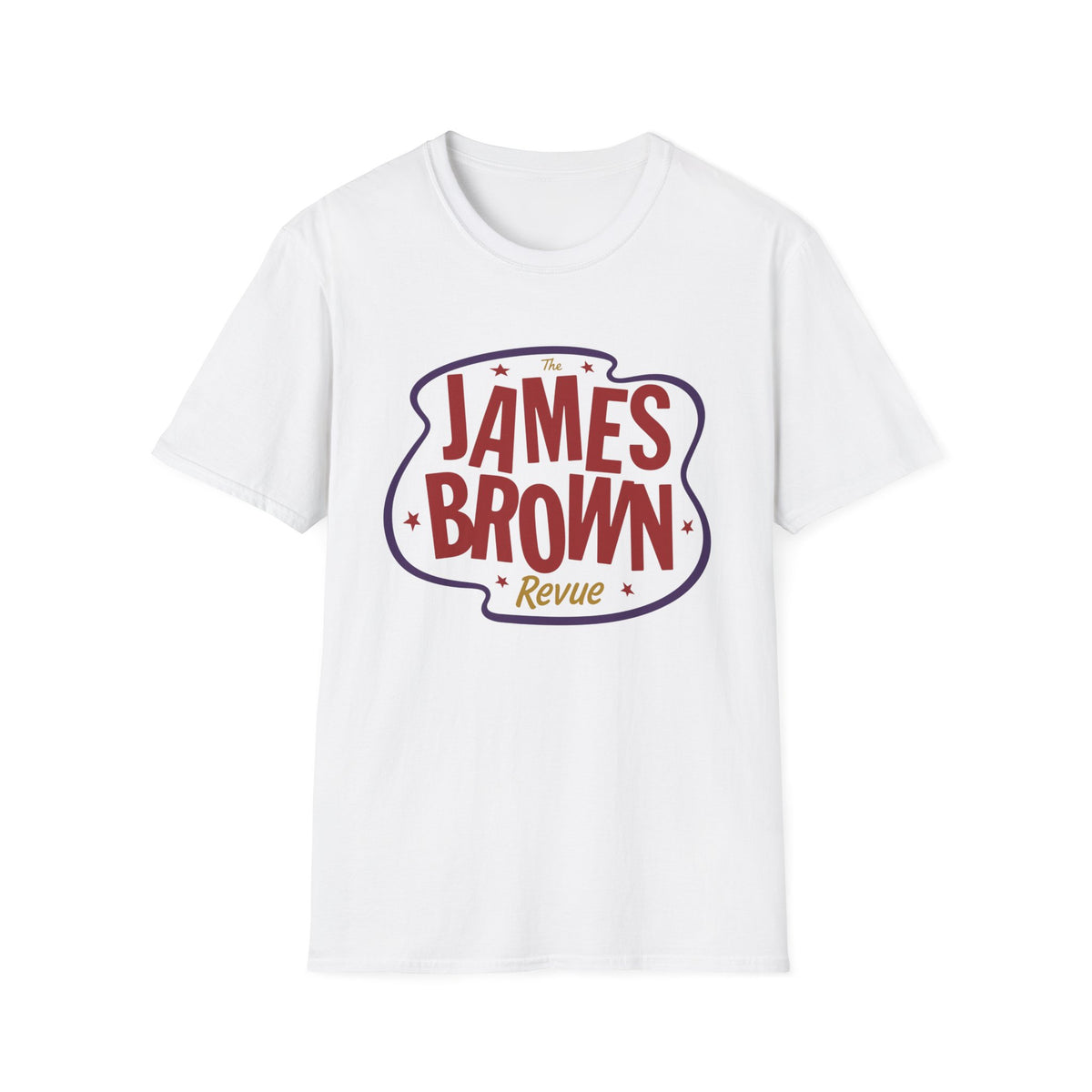White t-shirt with "The James Brown Revue" logo in red and purple.