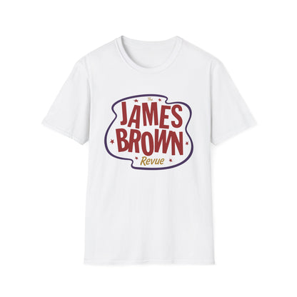 White t-shirt with "The James Brown Revue" logo in red and purple.