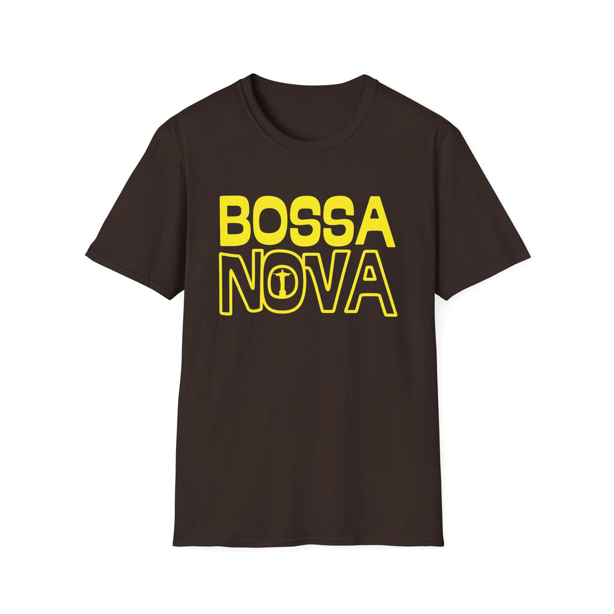Dark brown t-shirt with yellow "BOSSA NOVA" graphic and a small icon in the 'O' of NOVA.