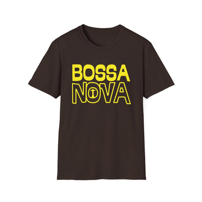 Dark brown t-shirt with yellow "BOSSA NOVA" graphic and a small icon in the 'O' of NOVA.