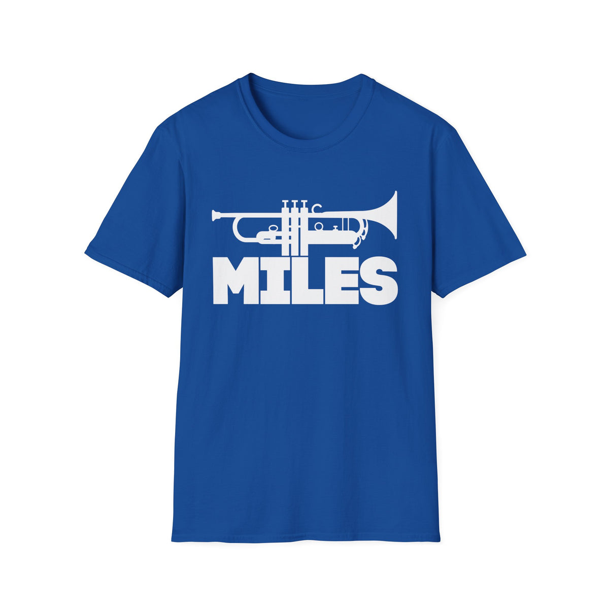 Blue t-shirt with white trumpet graphic and "MILES" text.