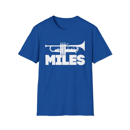 Blue t-shirt with white trumpet graphic and "MILES" text.