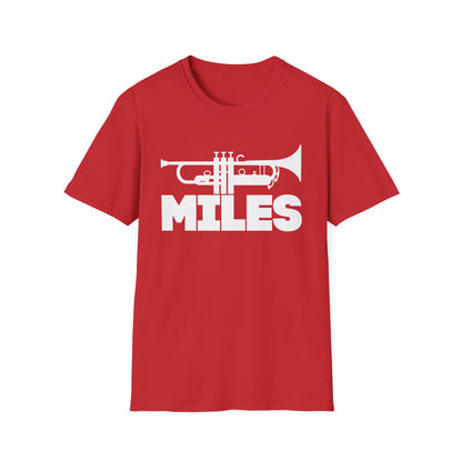 Red t-shirt with white trumpet graphic and the word MILES.