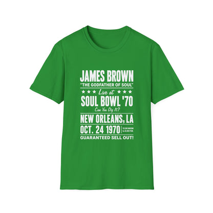 Green t-shirt with James Brown Soul Bowl '70 concert details.