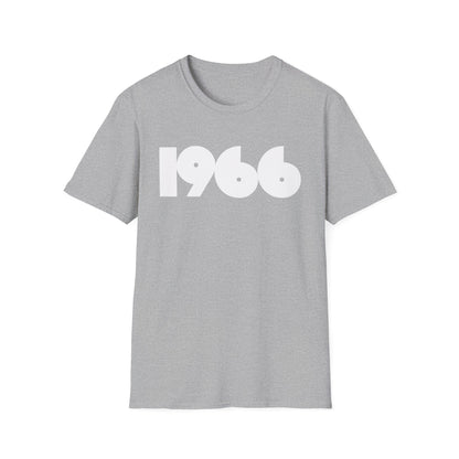Grey t-shirt with white "1966" graphic print.