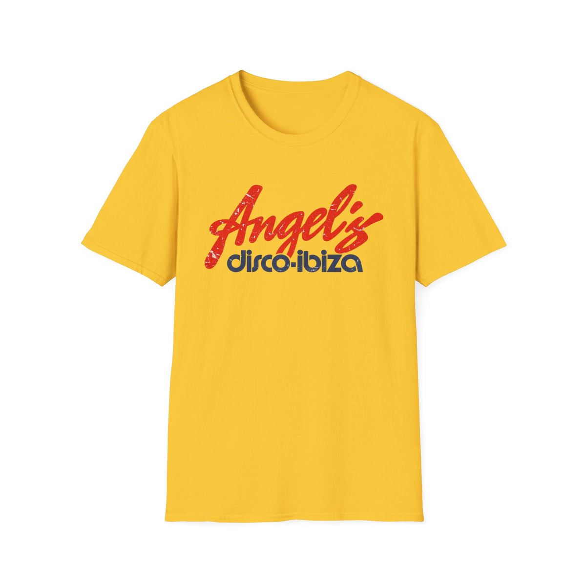 Yellow t-shirt with red distressed "Angel's" and blue "disco-ibiza" text.