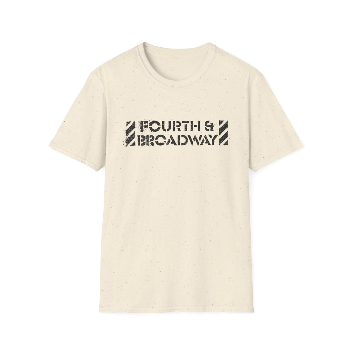 Cream t-shirt with black stencil text "FOURTH & BROADWAY" and diagonal lines.