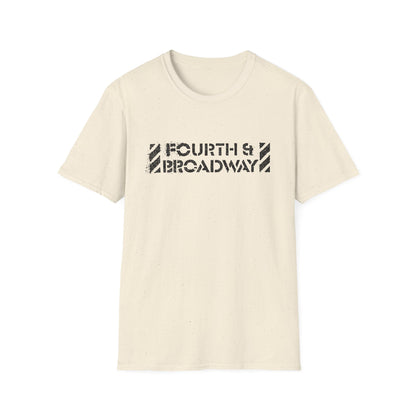 Cream t-shirt with black stencil text "FOURTH & BROADWAY" and diagonal lines.