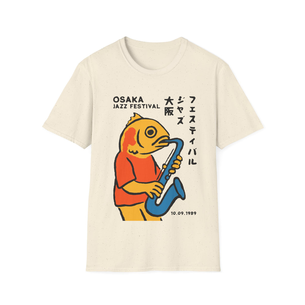 Cream t-shirt with Osaka Jazz Festival design featuring a fish playing a saxophone.