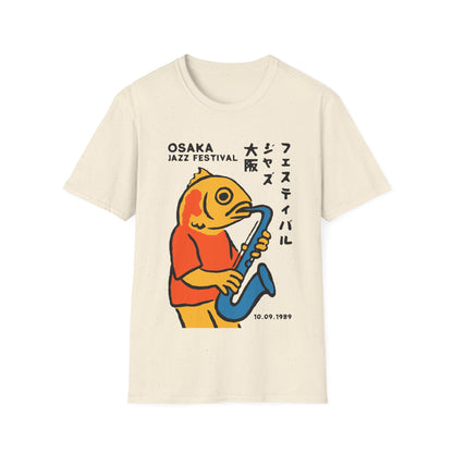 Cream t-shirt with Osaka Jazz Festival design featuring a fish playing a saxophone.