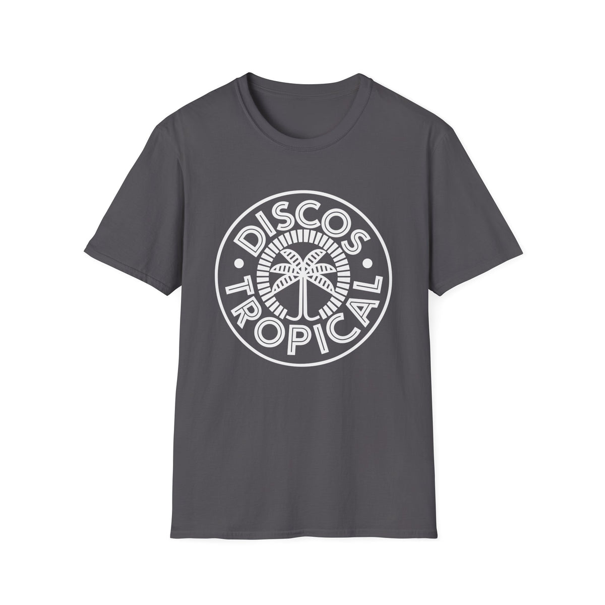 Dark grey t-shirt with a white circular logo featuring a palm tree and "DISCO TROPICAL" text.