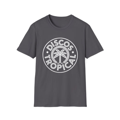 Dark grey t-shirt with a white circular logo featuring a palm tree and "DISCO TROPICAL" text.