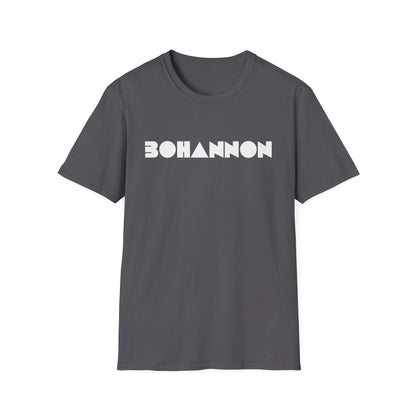 Dark gray crewneck t-shirt featuring the white geometric text BOHANNON centered across the chest.