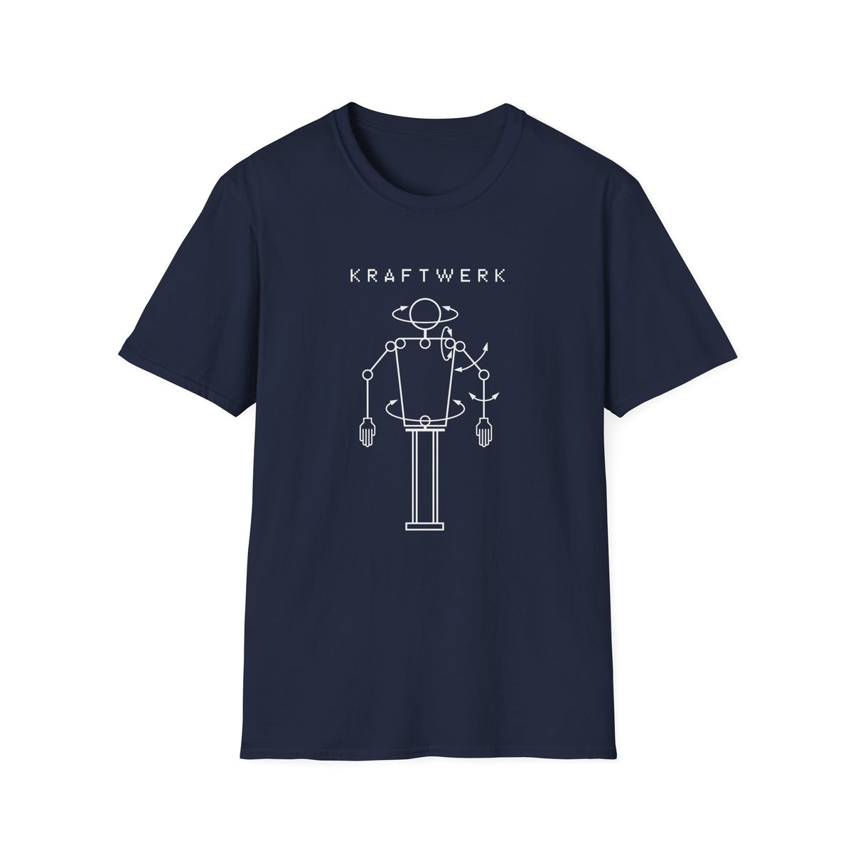 Navy t-shirt with white Kraftwerk logo and robot graphic.