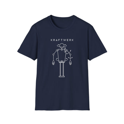 Navy t-shirt with white Kraftwerk logo and robot graphic.