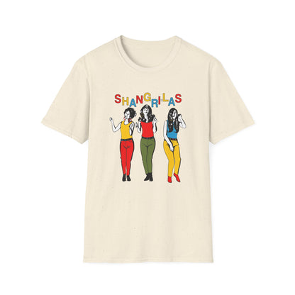 Cream t-shirt with colorful "SHANGRI-LAS" text and illustration of three women.