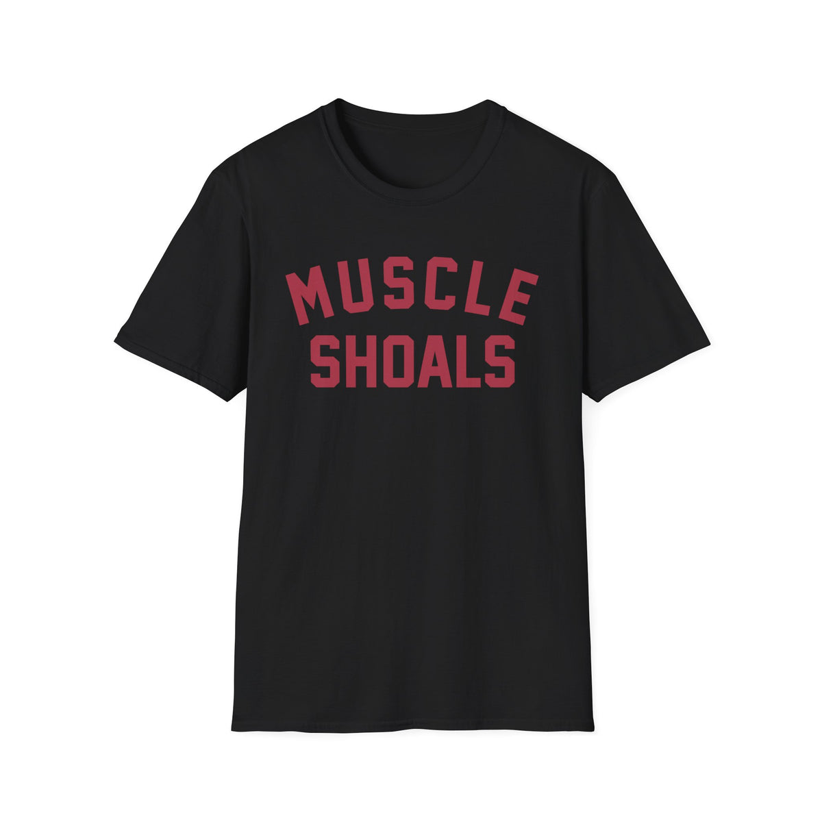 Black t-shirt with "MUSCLE SHOALS" printed in red.