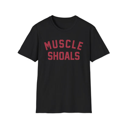 Black t-shirt with "MUSCLE SHOALS" printed in red.
