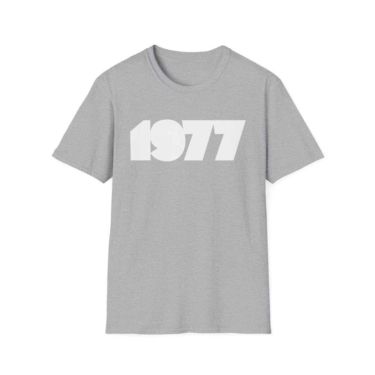 Grey t-shirt with white "1977" text graphic on the chest.