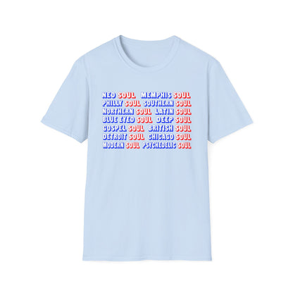 Light blue t-shirt with red and blue text listing soul music subgenres.