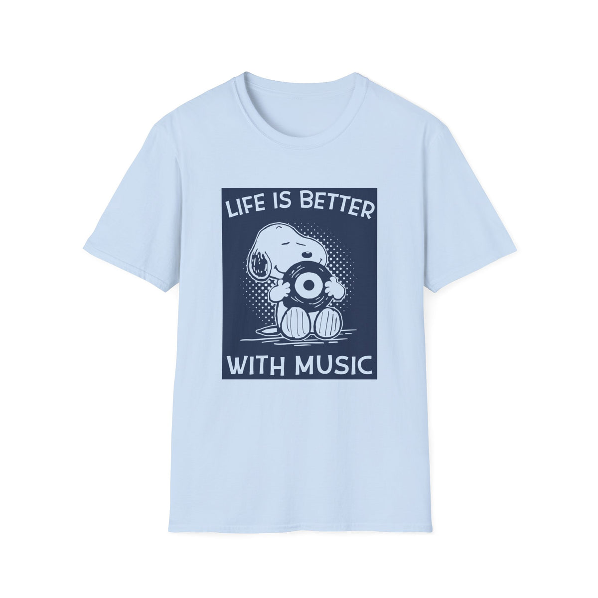 Snoopy holding a record with text "Life is better with music" on a t-shirt.