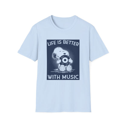 Snoopy holding a record with text "Life is better with music" on a t-shirt.