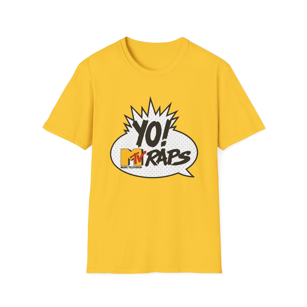 Yellow t-shirt with "Yo! MTV Raps" graphic in a comic speech bubble.