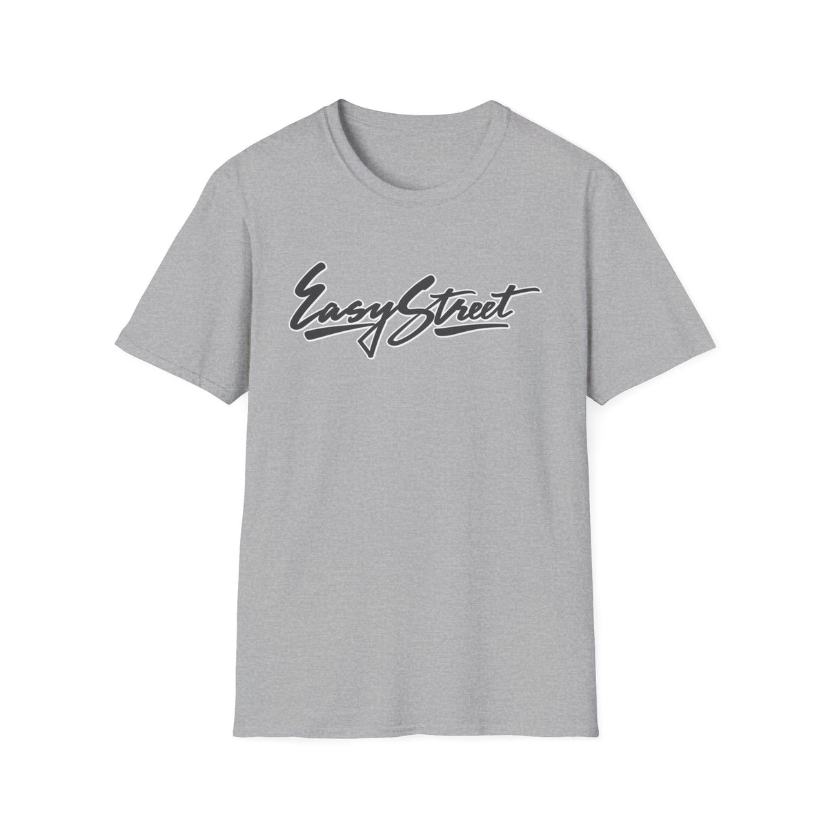 Grey t-shirt with "Easy Street" in a black script font.