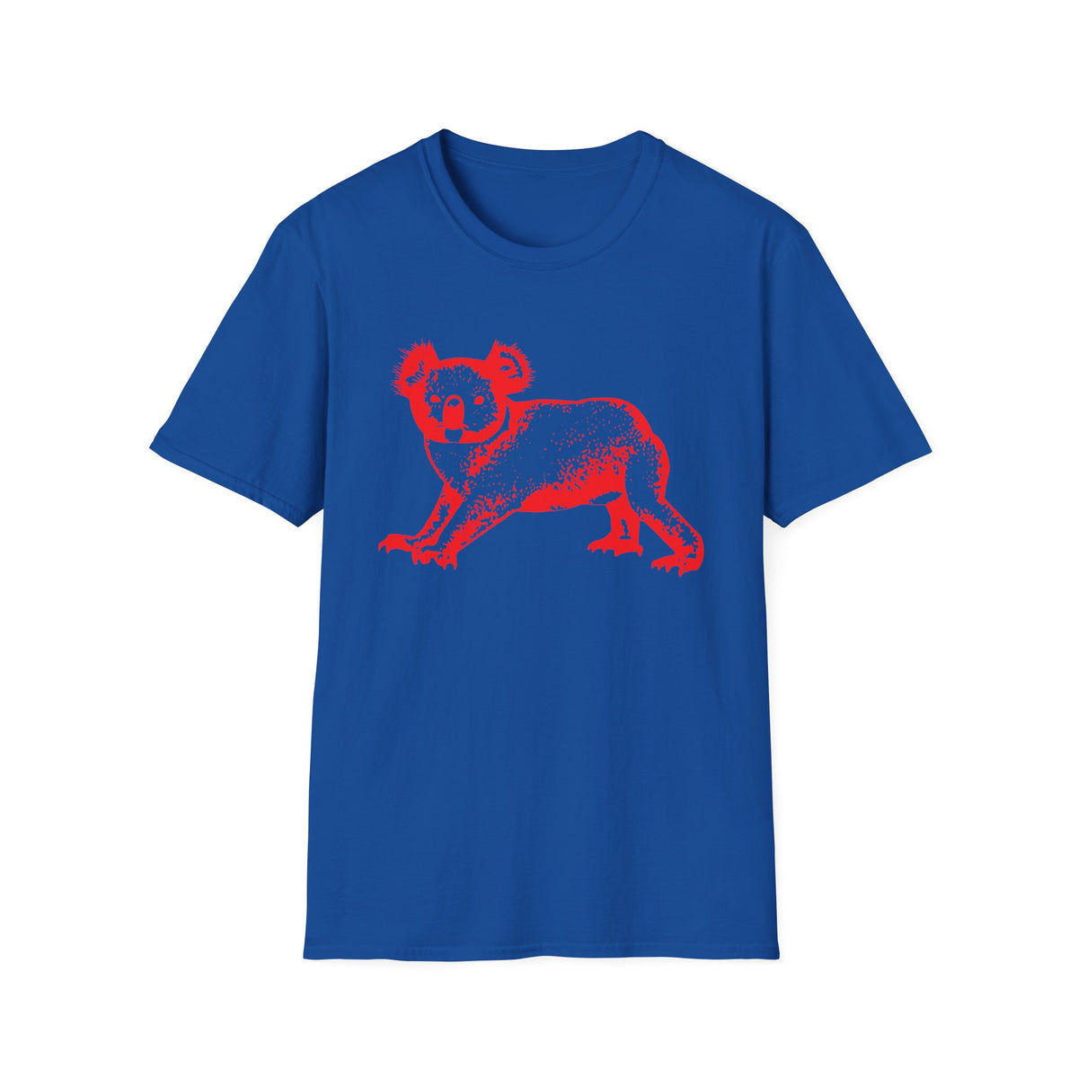 Blue t-shirt with a distressed red koala graphic print.
