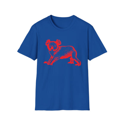 Blue t-shirt with a distressed red koala graphic print.