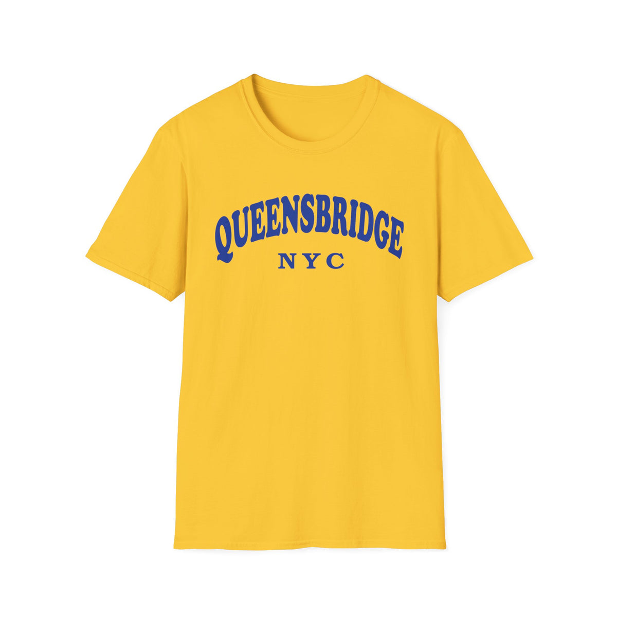 Yellow t-shirt with blue "QUEENSBRIDGE NYC" text.