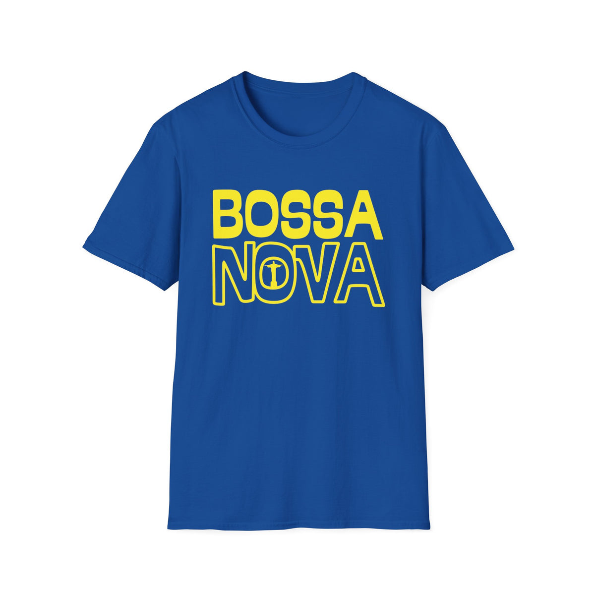 Blue t-shirt with yellow "BOSSA NOVA" text and Christ the Redeemer graphic.