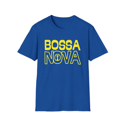 Blue t-shirt with yellow "BOSSA NOVA" text and Christ the Redeemer graphic.