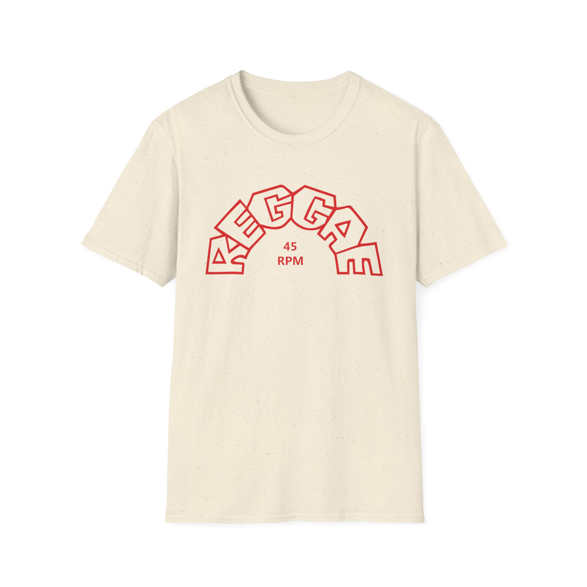 Cream t-shirt with red "REGGAE" text and "45 RPM" graphic.