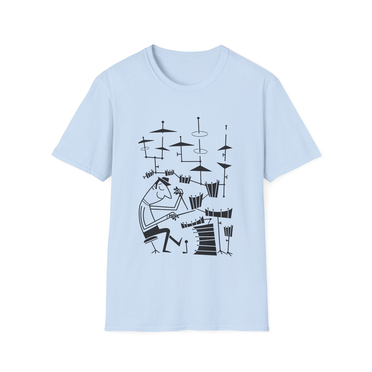 Light blue t-shirt with a black graphic of a drummer playing a full drum kit.