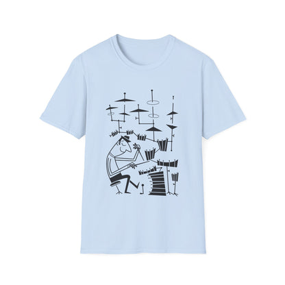 Light blue t-shirt with a black graphic of a drummer playing a full drum kit.