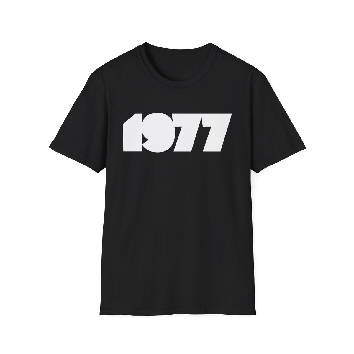Black t-shirt with white "1977" graphic text.