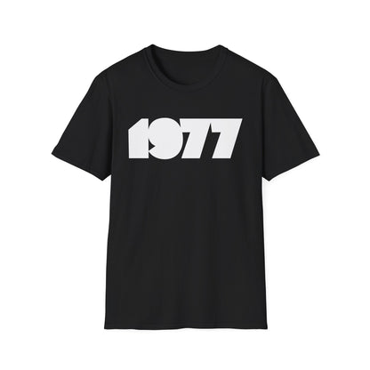 Black t-shirt with white "1977" graphic text.