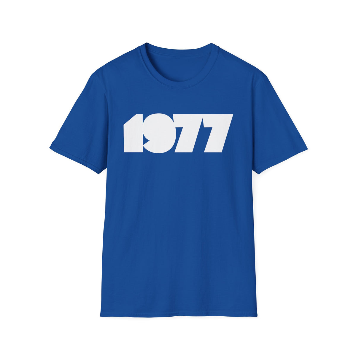 Blue t-shirt with white "1977" graphic across the chest.