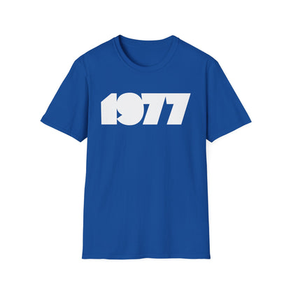 Blue t-shirt with white "1977" graphic across the chest.