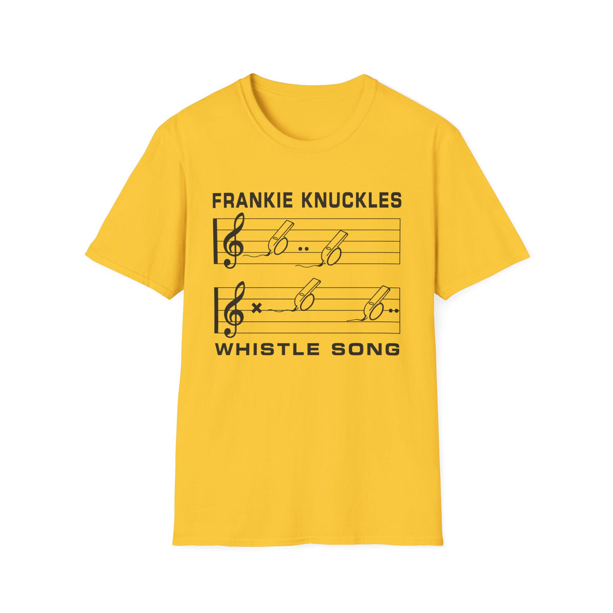 Yellow t-shirt with black text "Frankie Knuckles" and a musical staff with whistles.