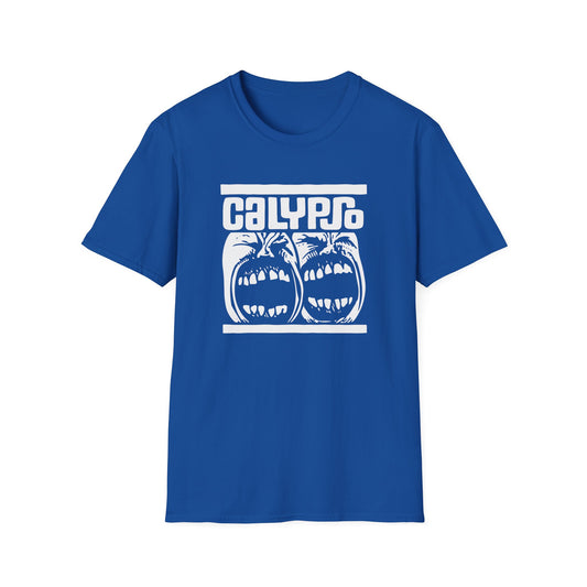 Blue t-shirt with white "CALYPSO" text and screaming face graphics.