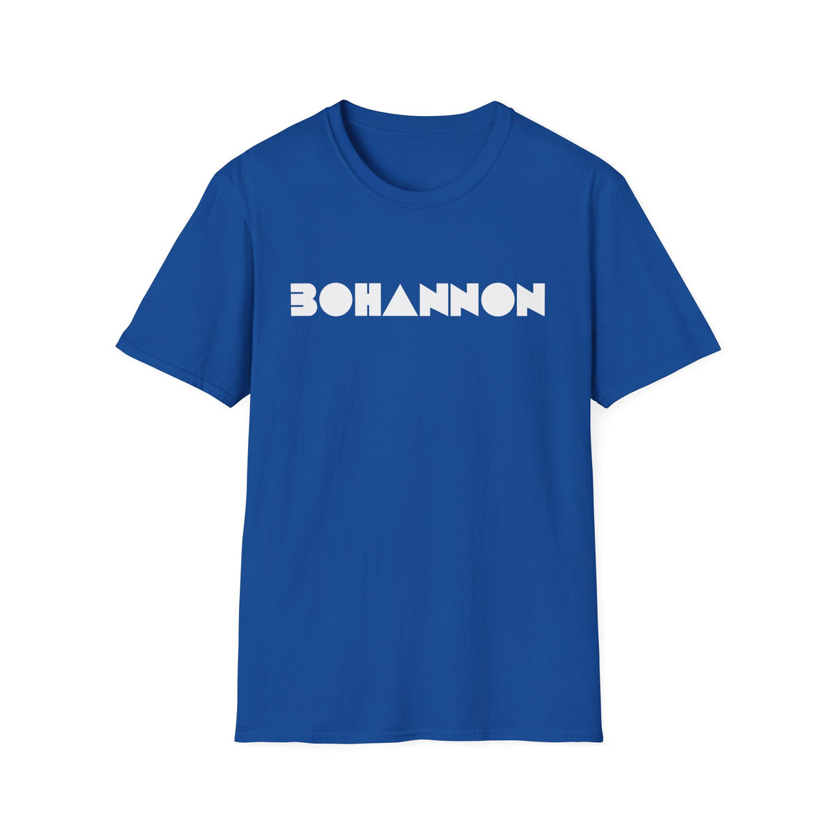 Blue t-shirt with white "BOHANNON" text in geometric font.