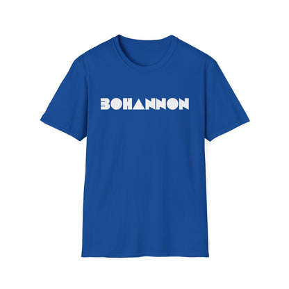 Blue t-shirt with white "BOHANNON" text in geometric font.