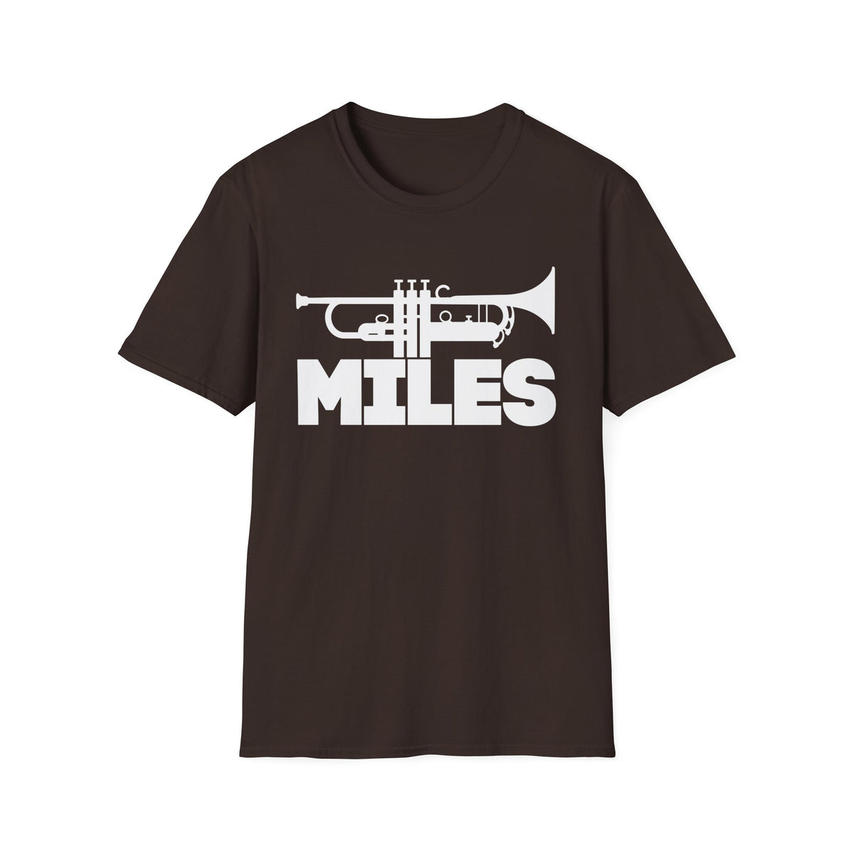 Brown t-shirt with white trumpet graphic and the word "MILES".