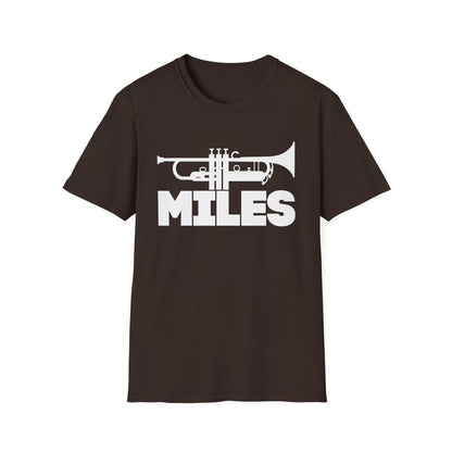 Brown t-shirt with white trumpet graphic and the word "MILES".