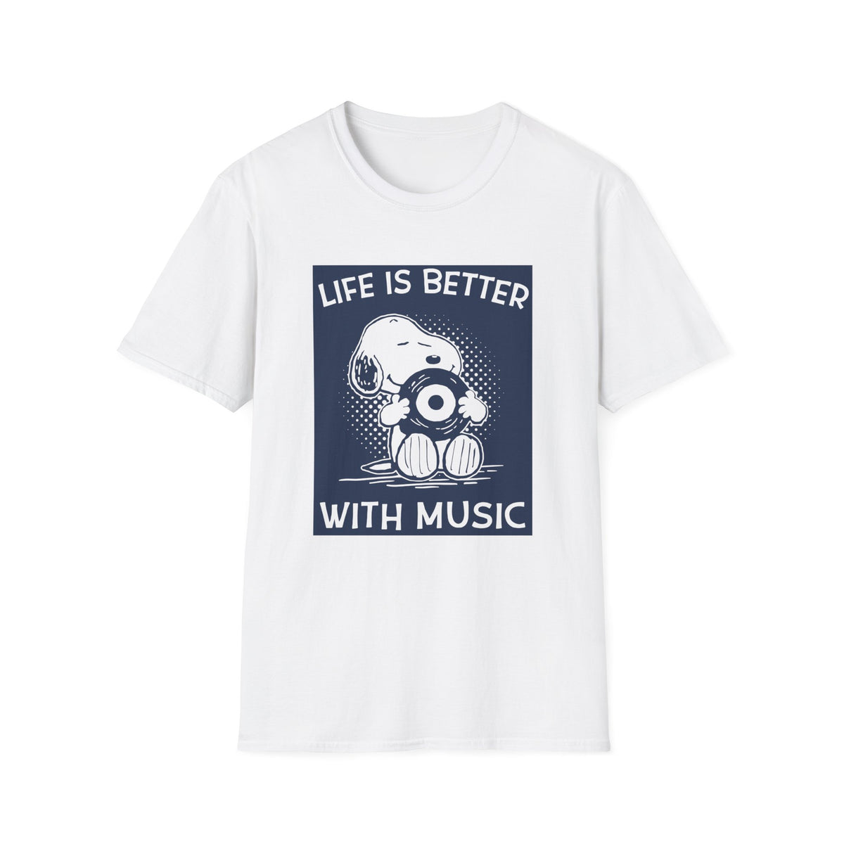 Snoopy holding a record with text "LIFE IS BETTER WITH MUSIC"