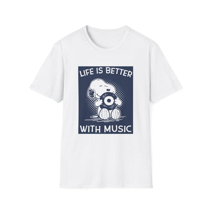 Snoopy holding a record with text "LIFE IS BETTER WITH MUSIC"