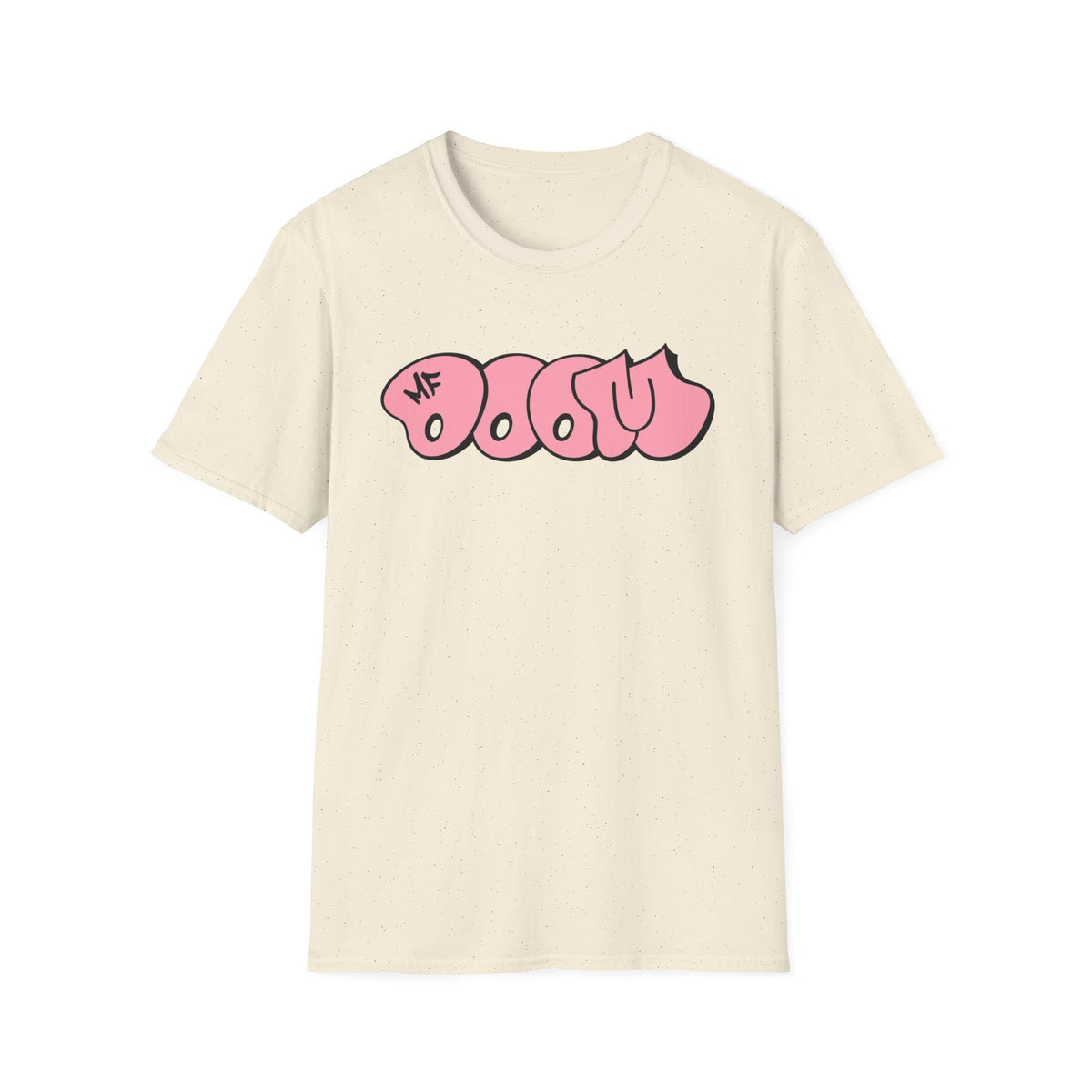 Cream t-shirt with pink "DOOM" graffiti-style text and "MF" logo.