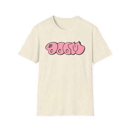 Cream t-shirt with pink "DOOM" graffiti-style text and "MF" logo.